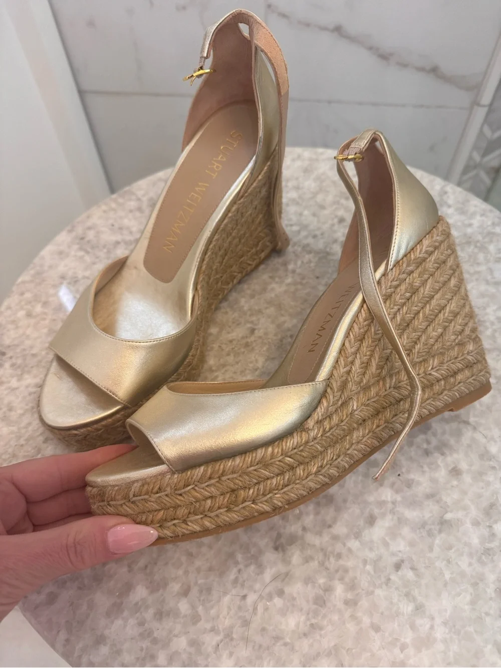 Stuart Weitzman Gold Espadrille Wedge Sandals